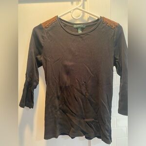 Lauren Ralph Lauren-Ribbed crewneck w/Faux Suede Detail @Shoulder, Black, Size L